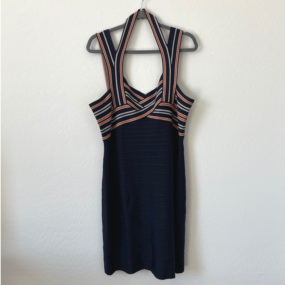 Guess Bandage Dress Women XXL Navy Blue Orange Striped Halter Neck Bodycon Y2K
